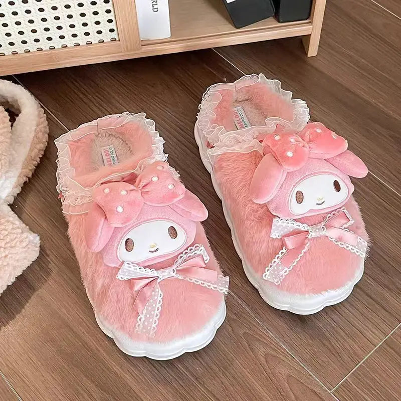 Sanrio Hello Kitty Kuromi Cinnamoroll Cotton Slippers Cartoon Cute Winter Indoor Home Slippers Thick Sole Keep Warm Cotton Shoes