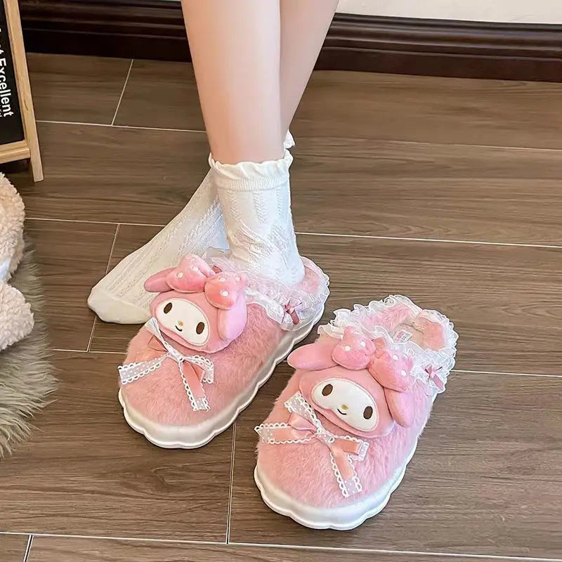 Sanrio Hello Kitty Kuromi Cinnamoroll Cotton Slippers Cartoon Cute Winter Indoor Home Slippers Thick Sole Keep Warm Cotton Shoes