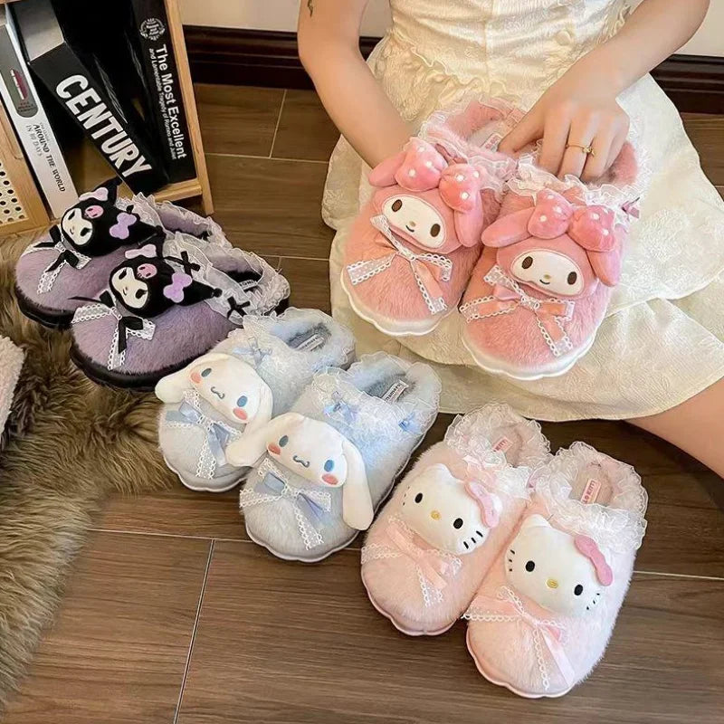 Sanrio Hello Kitty Kuromi Cinnamoroll Cotton Slippers Cartoon Cute Winter Indoor Home Slippers Thick Sole Keep Warm Cotton Shoes