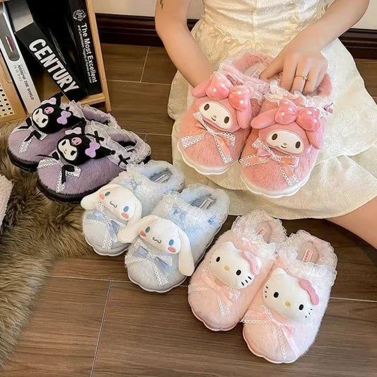 Sanrio Hello Kitty Kuromi Cinnamoroll Cotton Slippers Cartoon Cute Winter Indoor Home Slippers Thick Sole Keep Warm Cotton Shoes